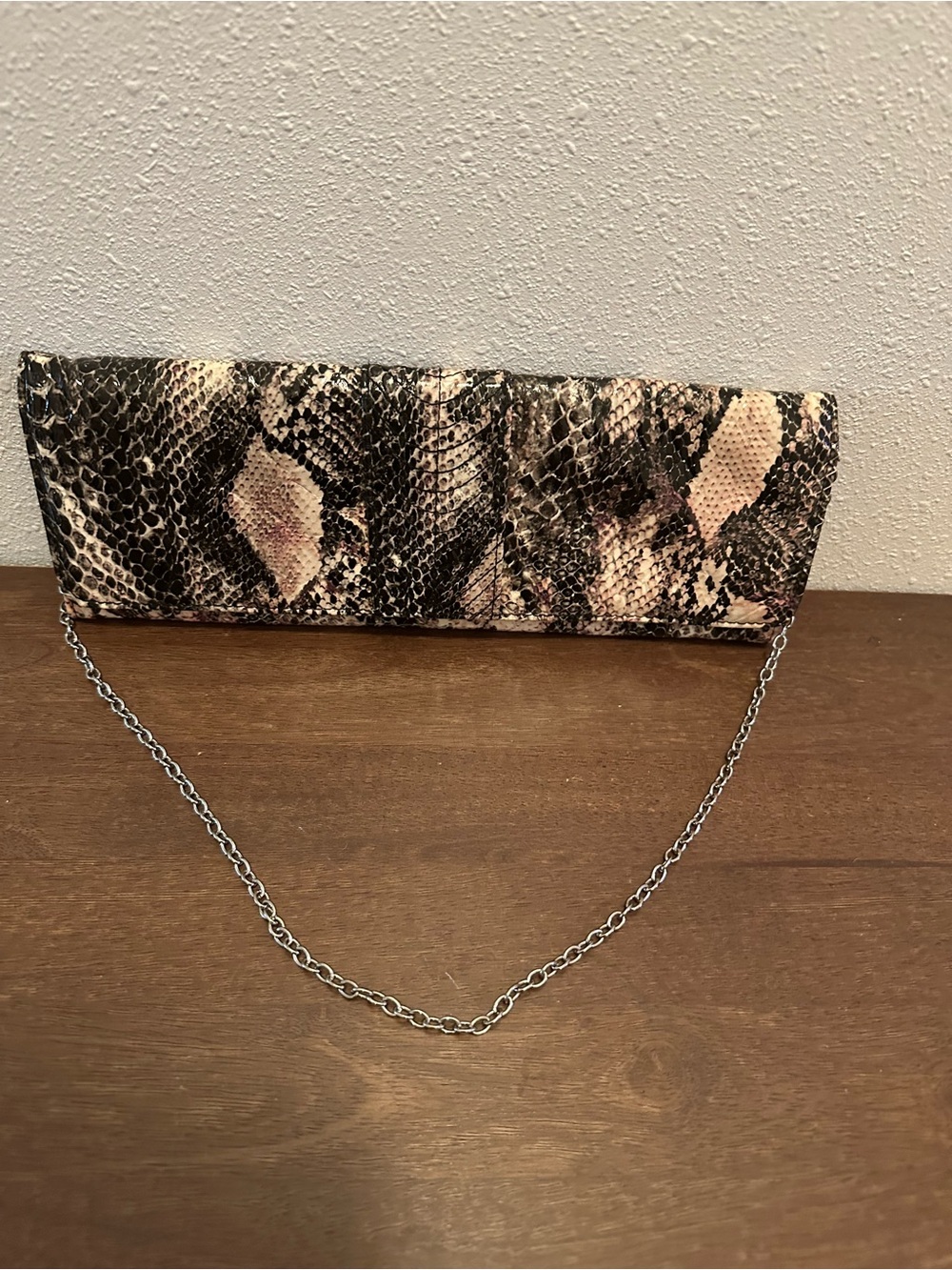 Snake-Print Envelope Clutch with Chain Strap - Neutral